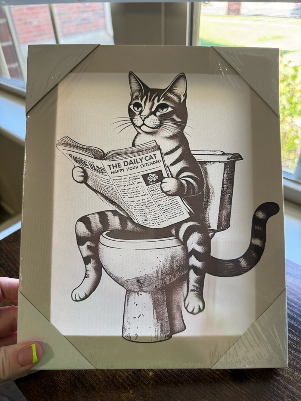 Funny Cat Reading Newspaper on Toilet Canvas Art 8x10 Framed